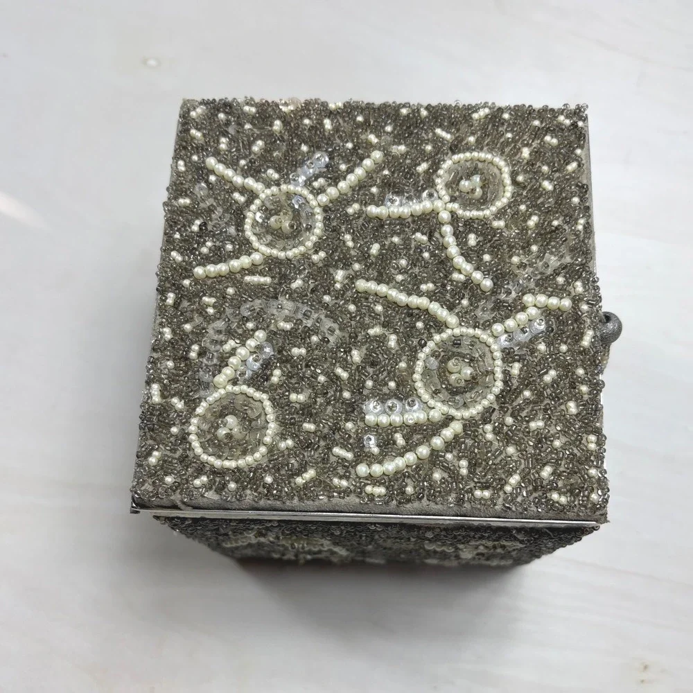 Target 2005 Vintage Style Beaded Jewelry Box Champagne Pearl Sequin Tassel 4x4